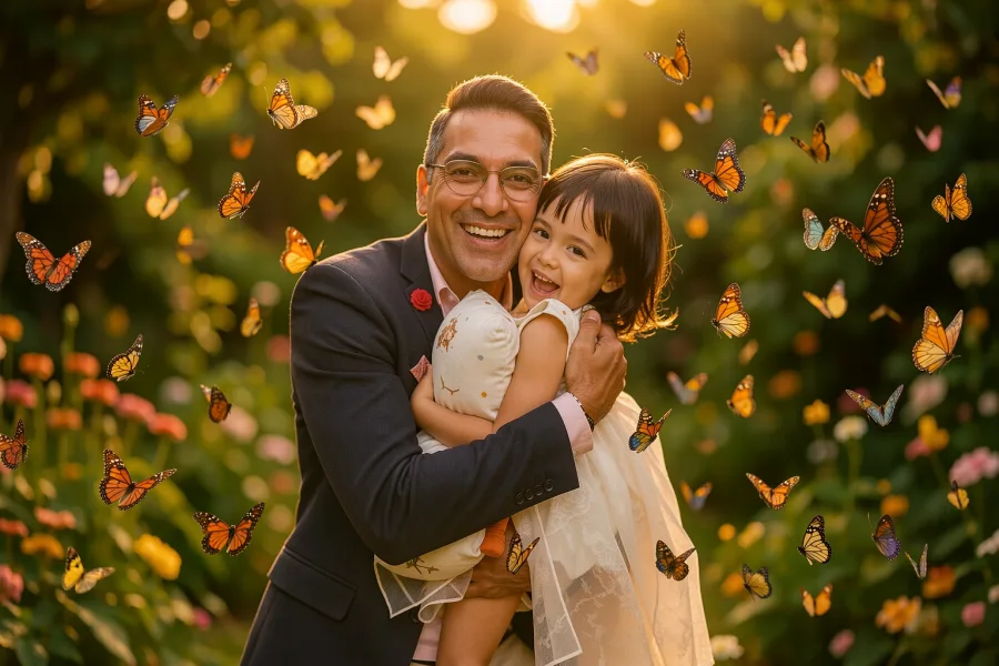 Guests surrounded by butterflies in warm garden light