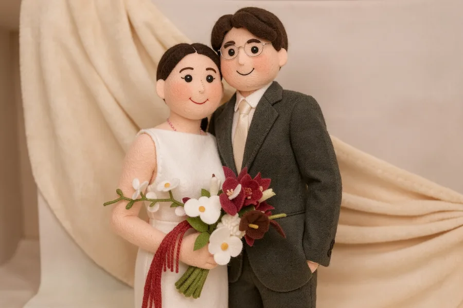 A wedding couple transformed into handcrafted plushies