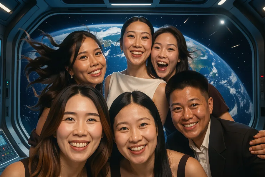 Guests floating together in a realistic zero-gravity scene