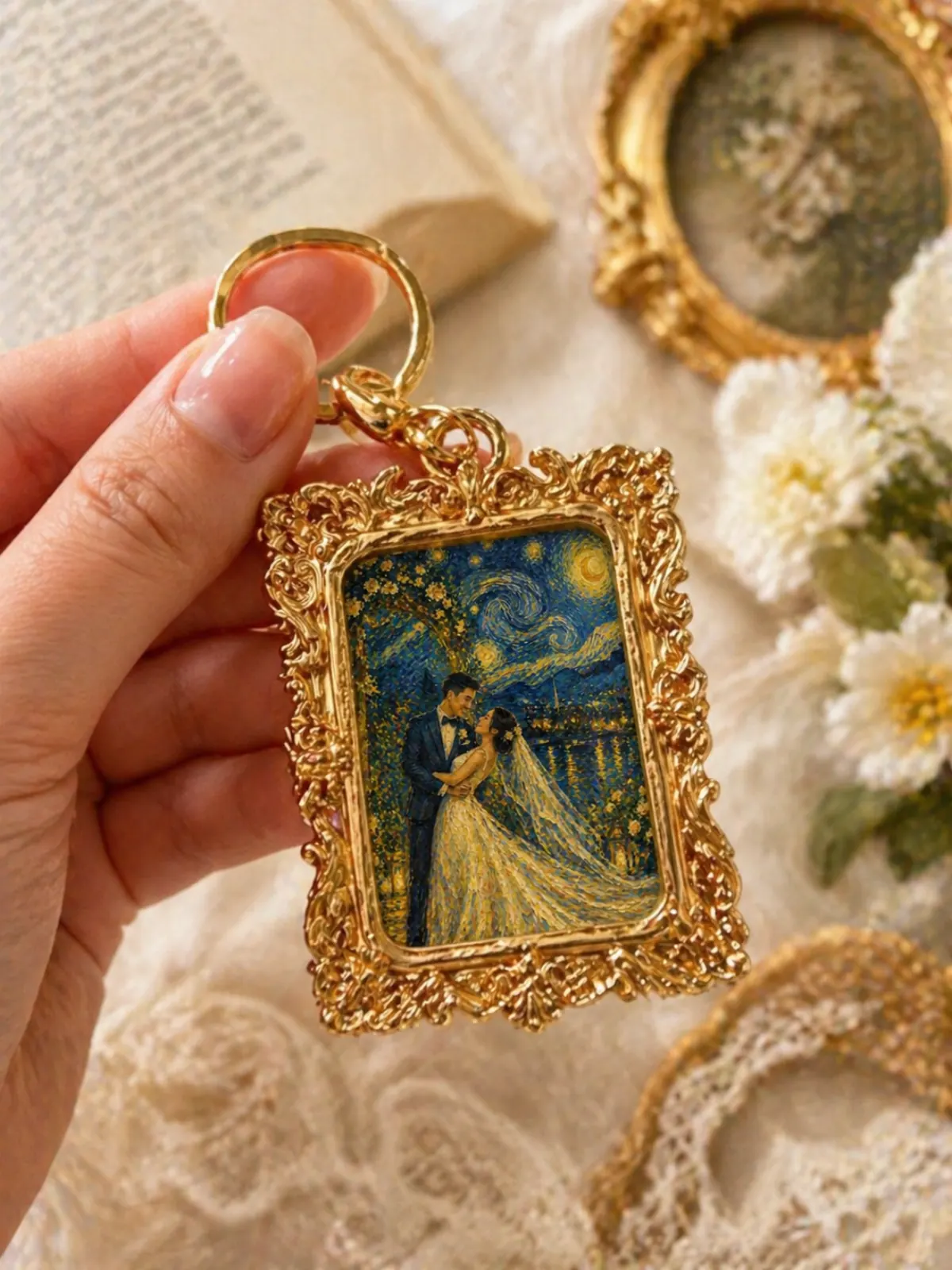 Van Gogh-style keepsake portrait of Jen and Mike in an ornate gold frame