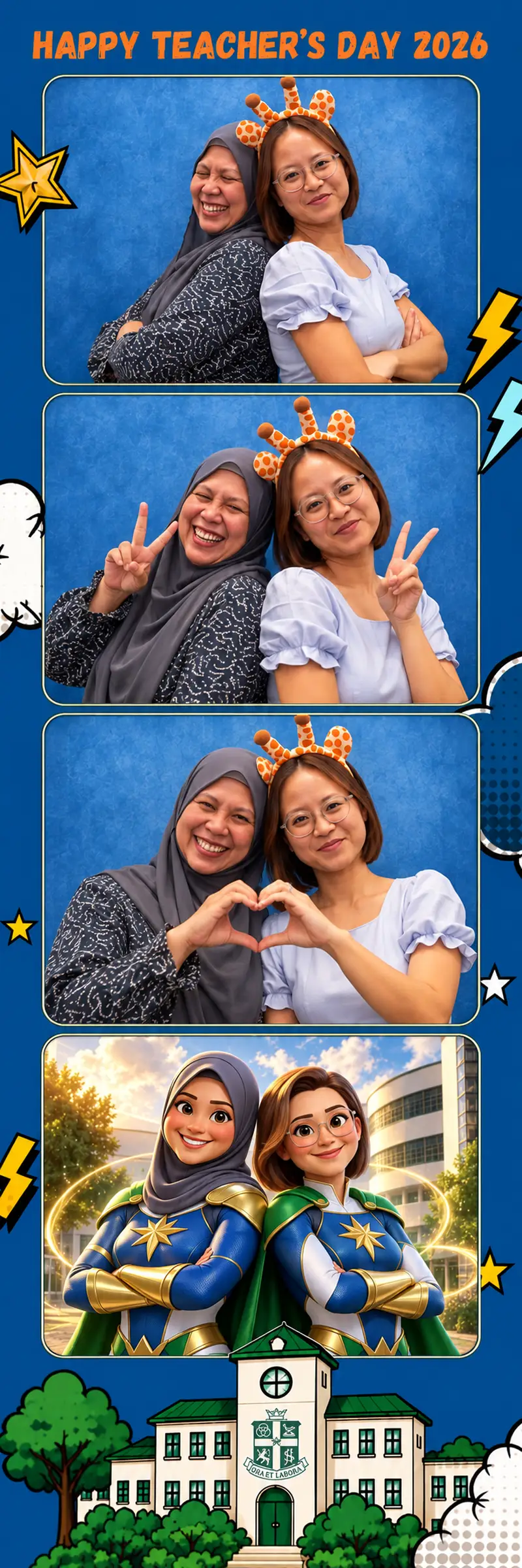 Christine's Teacher's Day superhero-themed AI photo booth strip