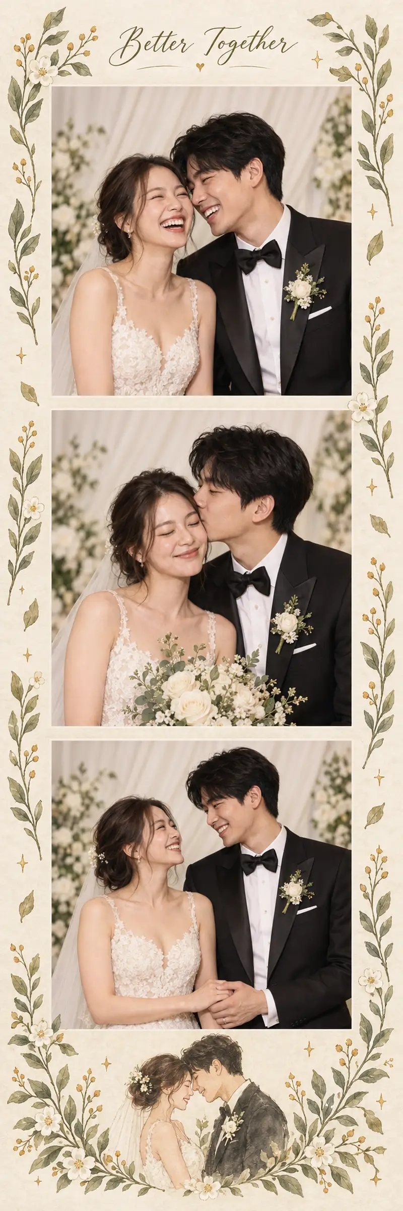 Patricia's wedding photo booth strip with AI-styled portraits